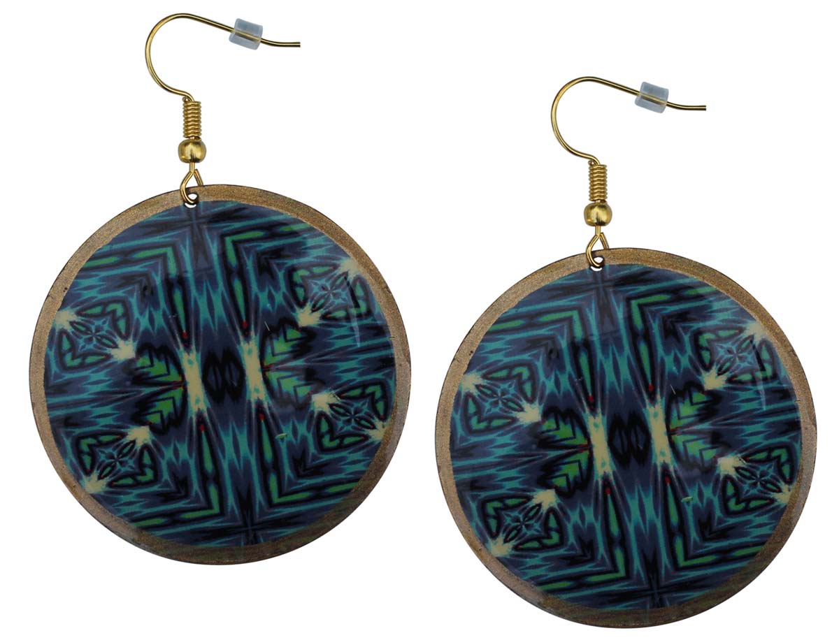 2.5” Round Brass Hook Earrings with Blue Black Abstract Pattern - Drop Earrings / Accessories for Her - Buy in Bulk Wholesale